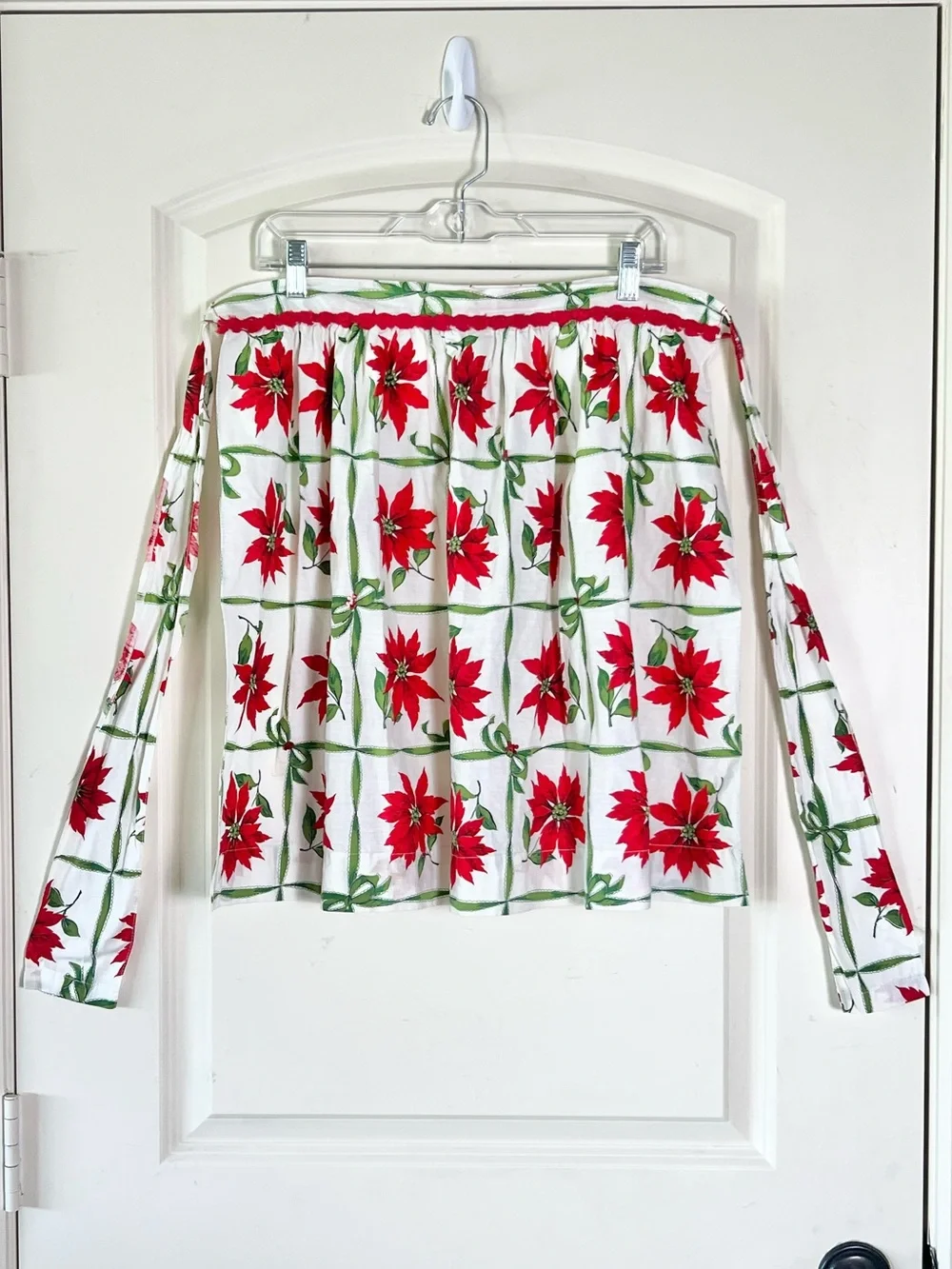 Vintage MCM Christmas Half Apron Red Poinsettia Kitschy Holiday Retro